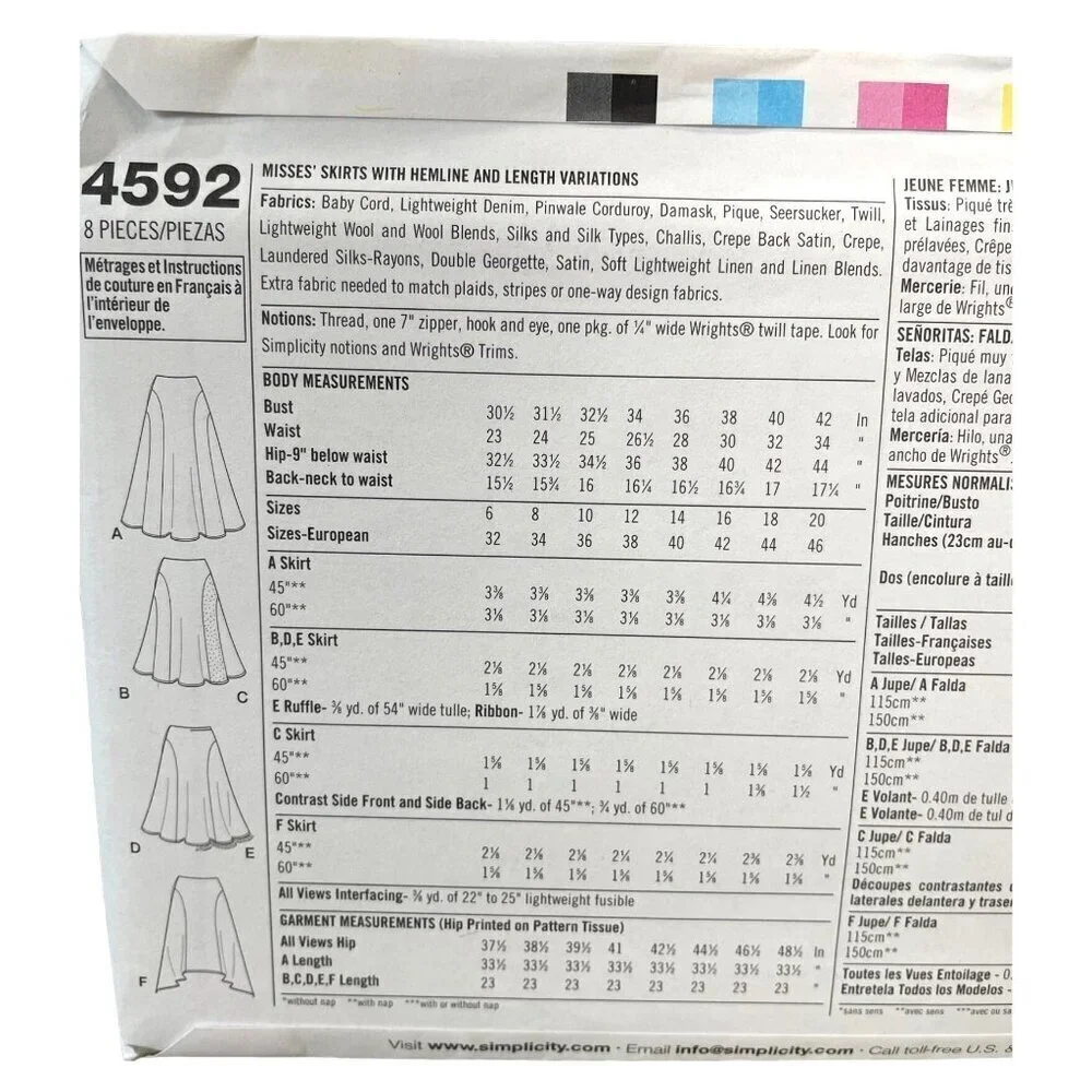 Simplicity Sewing Pattern 4592 Skirt Misses‎ Size 6-12